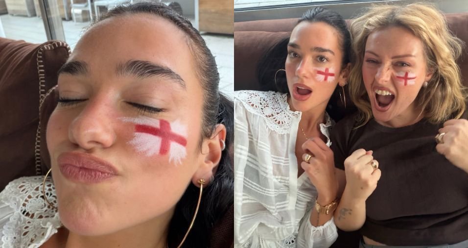 Dua Lipa mostra torcida para a Inglaterra com bandeira pintada no rosto