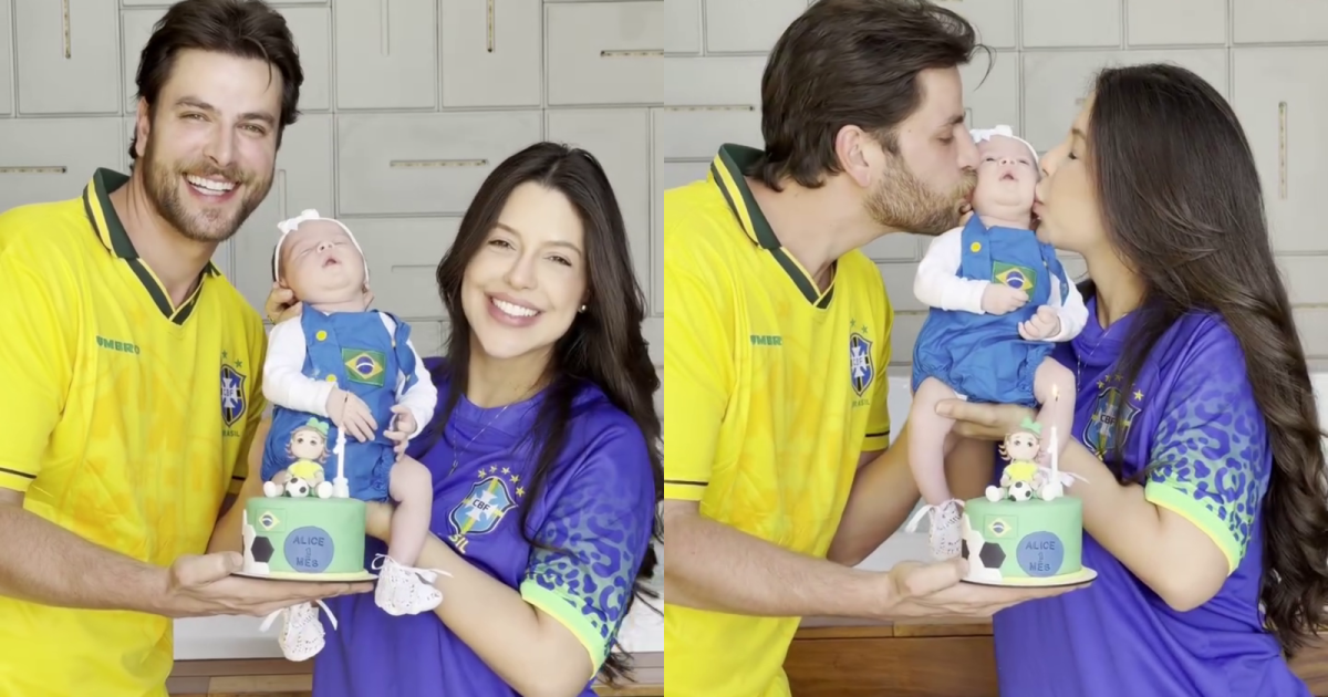 Laís Caldas e Gustavo Marsengo comemoram 1º mês da filha com tema Copa
