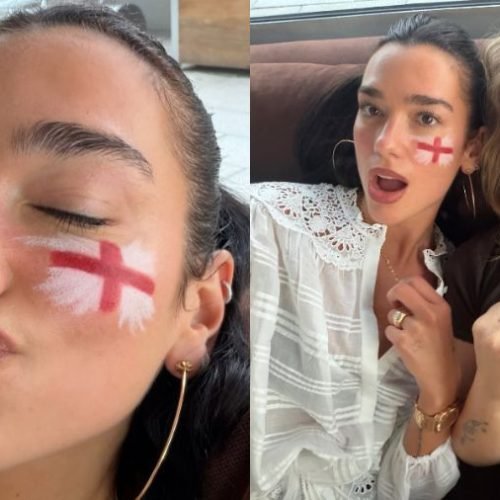 Dua Lipa mostra torcida para a Inglaterra com bandeira pintada no rosto