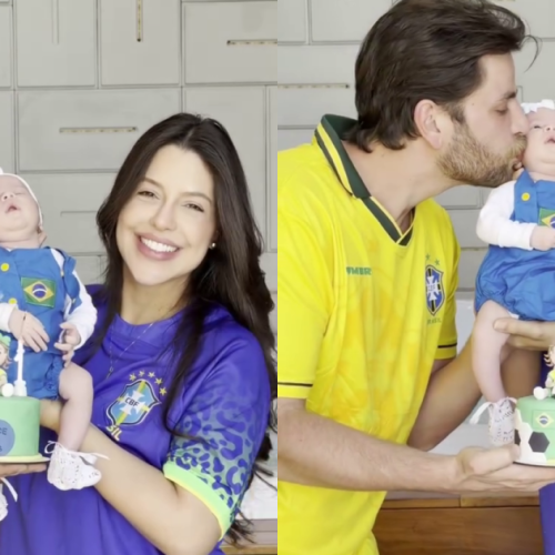 Laís Caldas e Gustavo Marsengo comemoram 1º mês da filha com tema Copa